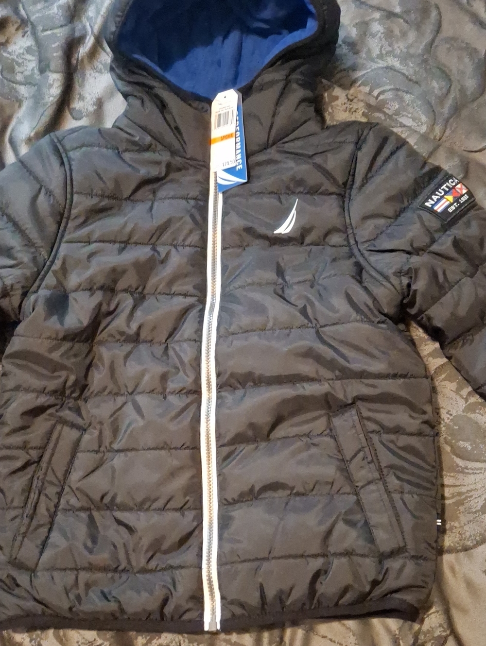 Nautica Kids Black Puffer Jacket with Blue Lined Hood